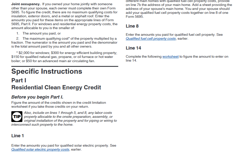 Screenshot highlighting the specific instructions for the "Part 1: Residential Clean Energy Credit" section within the IRS guidelines for Form 5695.